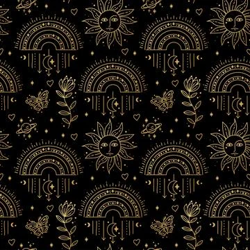 Magic boho symbols seamless pattern. Backdrop of gypsy sacred elements Illustrazione stock