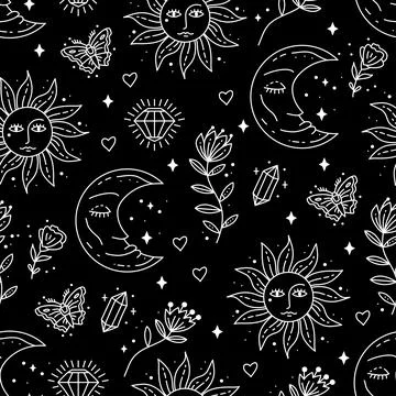 Magic boho symbols seamless pattern. Backdrop of gypsy sacred elements Illustrazione stock