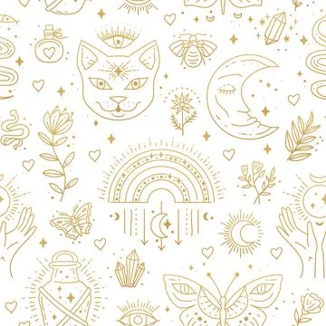 Magic boho symbols seamless pattern. Backdrop of gypsy sacred elements Illustrazione stock