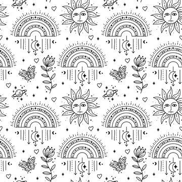 Magic boho symbols seamless pattern. Backdrop of gypsy sacred elements Illustrazione stock