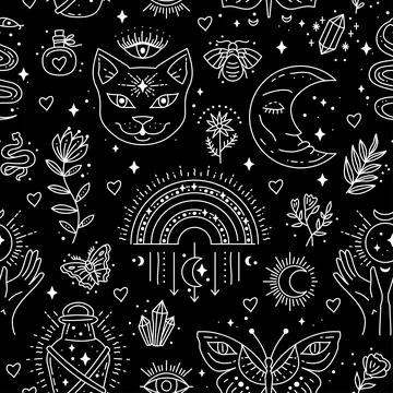 Magic boho symbols seamless pattern. Backdrop of gypsy sacred elements Stock Illustration