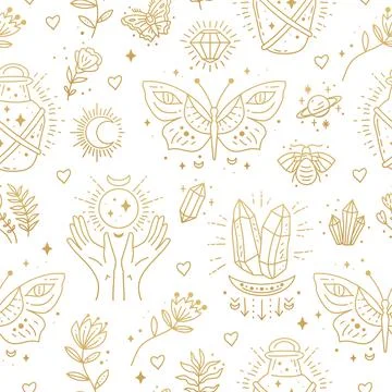 Magic boho symbols seamless pattern. Backdrop of gypsy sacred elements Illustrazione stock