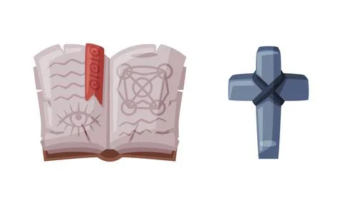 Magic book and ancient stone cross. Witchcraft attributes, halloween objects Stock Illustration