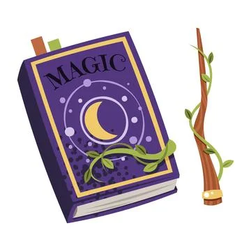 Magic Book and Wand Flat Vector Illustration Isolated on White Background Stock Illustration