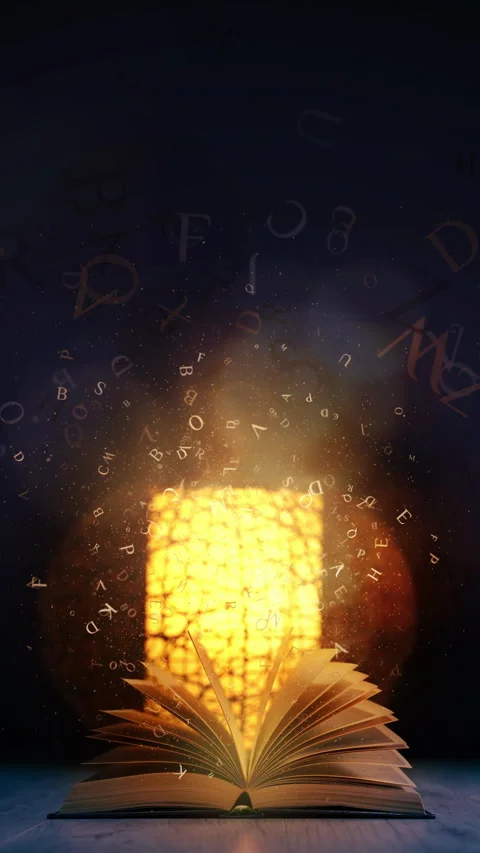 Magic book with Open antique pages and abstract bokeh lights glowing Video stock 301543439