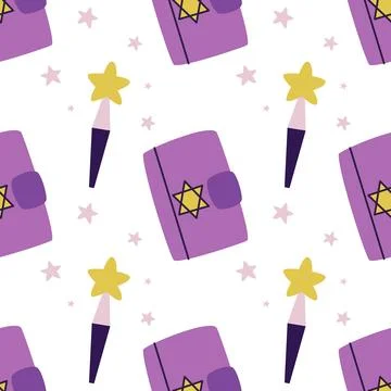 Magic book of spells and magic wand seamless pattern Иллюстрация