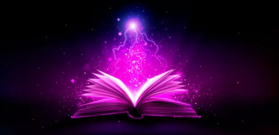 Magic book with thunder bolts and pink light Stock Illustration