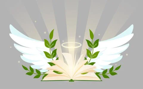 Magic book valued knowledge wing leafy wreath flat Stock Illustration