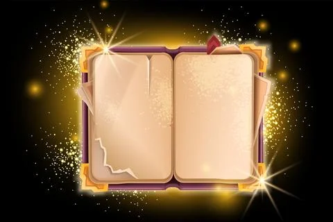 Magic book, vector fantasy game UI parchment background, shiny wizard Stock Illustration