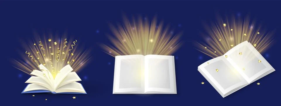 Magic books with lights realistic vector design Stock Illustration