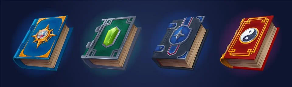 Magic books set isolated on background, game props Illustrazione stock