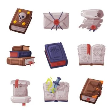 Magic Books Set, Occult Objects for Mystic Rituals Cartoon Style Vector イラスト素材