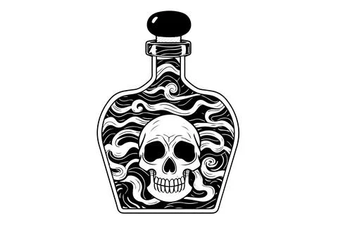 Magic bottle with death potion or poison hand drawn ink sketch. Engraved style Stock Illustration