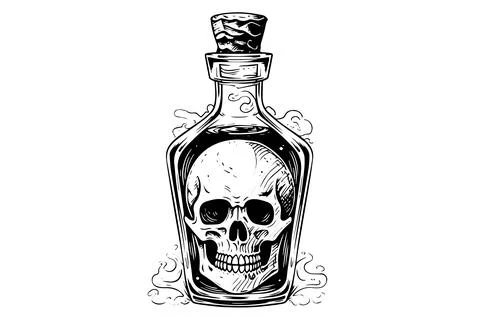 Magic bottle with death potion or poison hand drawn ink sketch. Engraved style Stock Illustration