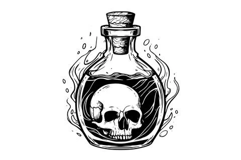 Magic bottle with death potion or poison hand drawn ink sketch. Engraved style Stock Illustration