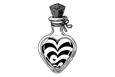 Magic bottle with love potion hand drawn ink sketch. Engraved style vector Stock Illustration
