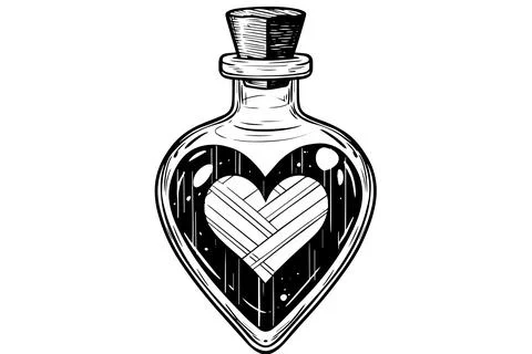 Magic bottle with love potion hand drawn ink sketch. Engraved style vector Stock Illustration
