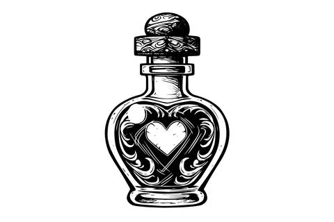 Magic bottle with love potion hand drawn ink sketch. Engraved style vector Stock Illustration