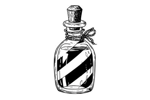 Magic bottle with potion hand drawn ink sketch. Engraved style vector Stock Illustration
