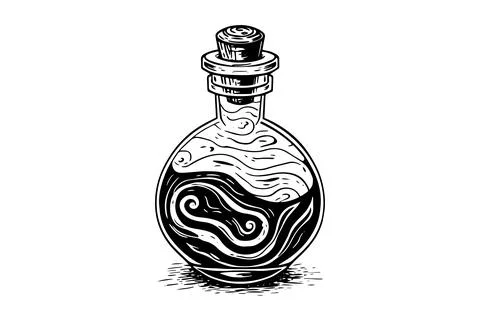 Magic bottle with potion hand drawn ink sketch. Engraved style vector Stock Illustration