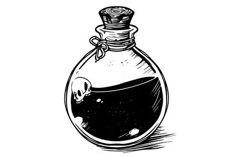 Magic bottle with potion hand drawn ink sketch. Engraved style vector Stock Illustration