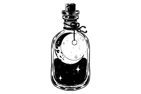 Magic bottle with potion hand drawn ink sketch. Engraved style vector Stock Illustration