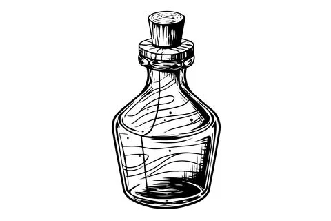 Magic bottle with potion hand drawn ink sketch. Engraved style vector Stock Illustration