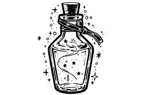Magic bottle with potion hand drawn ink sketch. Engraved style vector Stock Illustration