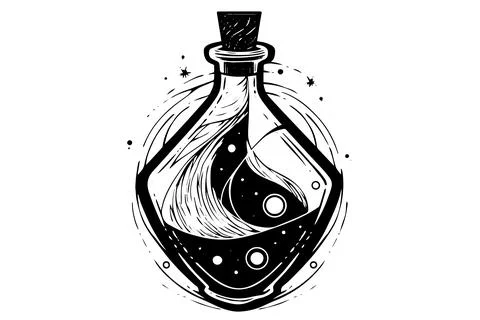 Magic bottle with potion hand drawn ink sketch. Engraved style vector Stock Illustration