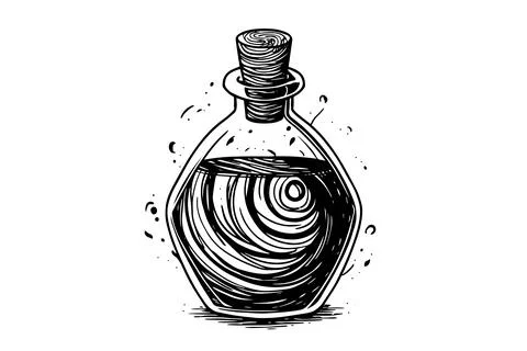 Magic bottle with potion hand drawn ink sketch. Engraved style vector Illustrazione stock