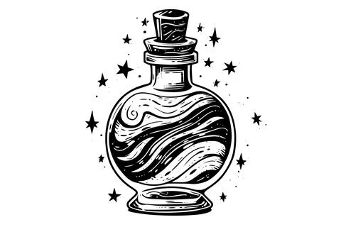 Magic bottle with potion hand drawn ink sketch. Engraved style vector Stock Illustration