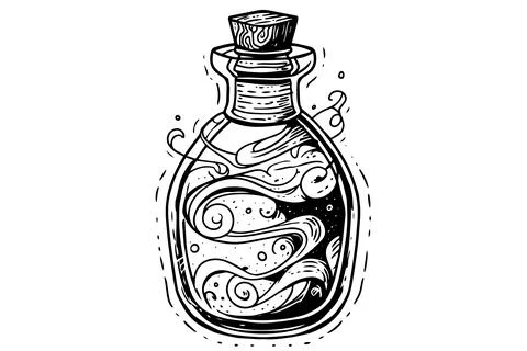 Magic bottle with potion hand drawn ink sketch. Engraved style vector Stock Illustration