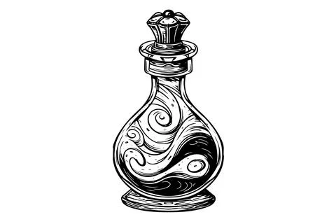 Magic bottle with potion hand drawn ink sketch. Engraved style vector Stock Illustration