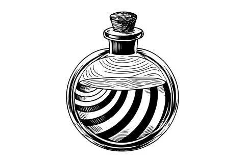 Magic bottle with potion hand drawn ink sketch. Engraved style vector Stock Illustration