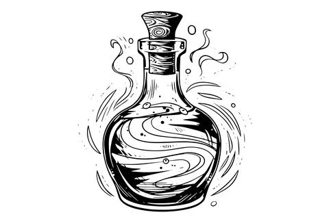 Magic bottle with potion hand drawn ink sketch. Engraved style vector Stock Illustration