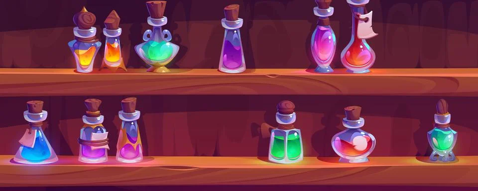 Magic bottle with potion on lab shelf game vector Stock Illustration