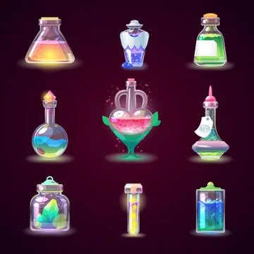 Magic bottle vector magical game potion in glass or liquid poison drink of Stock Illustration