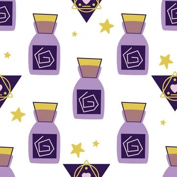 Magic bottles with potion, medicine or liquid seamless pattern Stock Illustration