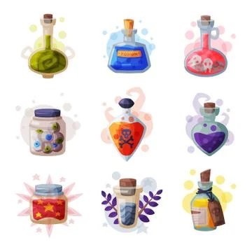 Magic Bottles of Potion Set, Occult Magic Objects for Mystic Rituals Cartoon Illustrazione stock
