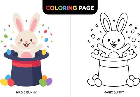 Magic Bunny Coloring Page with Easter Eggs and Confetti. Stock Illustration
