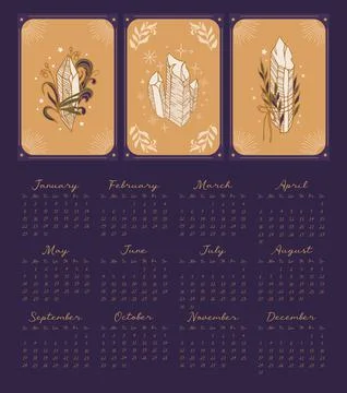 Magic calendar 2023. Crystal set with sprigs of a plant. ritual amulet. Vintage Stock Illustration