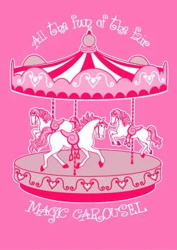 Magic carousel with white horses Stock Illustration