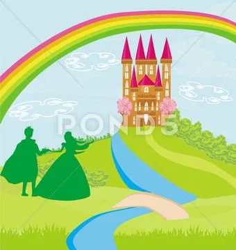 Magic castle and princess with prince Stock Illustration