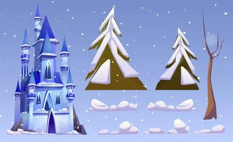 Magic castle and winter landscape elements Stock Illustration