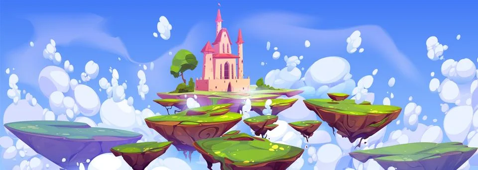 Magic castle on island floating in sky Stock Illustration