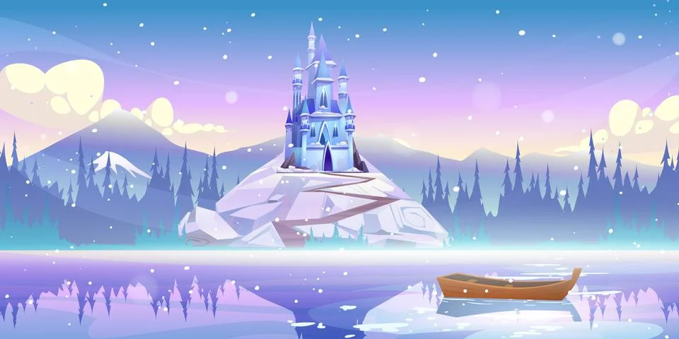 Magic castle on mountain top at river pier vector Stock Illustration