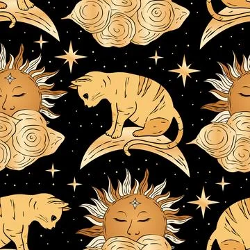 Magic Cat with Sun Moon and Star Celestial Seamless Vector Pattern Illustrazione stock