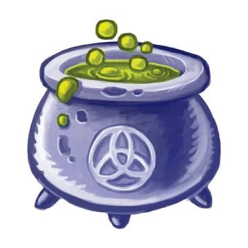 Magic cauldron of boiling green liquid. Wicca. Witch potion. Magical brew pot Stock Illustration