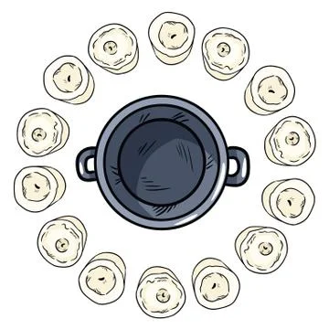 Magic cauldron doodle in a circle of white candles. Wiccan altar setting. Han Stock Illustration