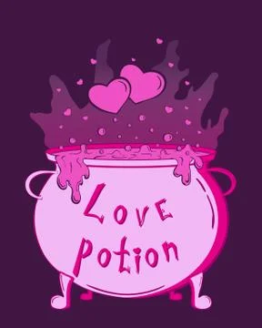Magic cauldron with love potion and hearts. Stock Illustration